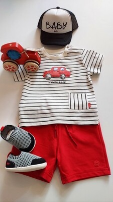 Mayoral eco friendly 2 pc. black/white stripe shirt with  red shorts