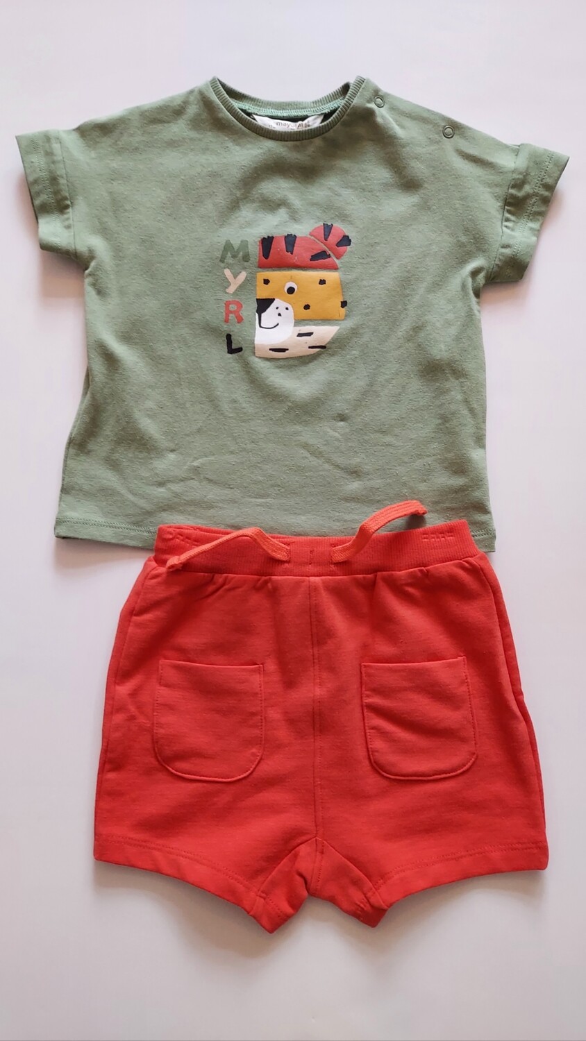 Mayoral eco friendly 2 pc. green tiger t shirt with orange knit shorts