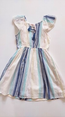 Poppet & Fox blue gauze striped dress with elastic waist and tie fringe at neck