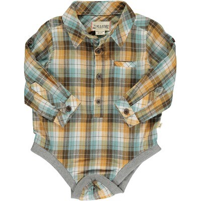 Me & Henry Jasper woven onesie-tan/brown/blue plaid