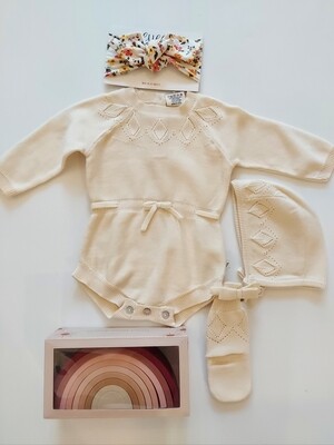 Viverano Organics Milan Pointelle Knit Baby Girl Bodysuit 3 pc. set- cream (organic)