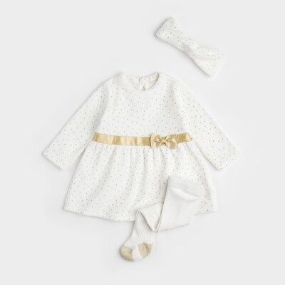 Petit Lem 3 pc cream w/gold polka dots dress + ribbed tights and headband set- organic cotton