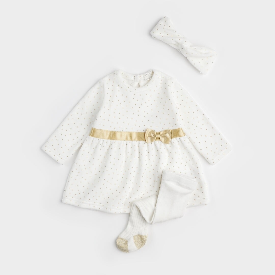 Petit Lem 3 pc cream w/gold polka dots dress + ribbed tights and headband set- organic cotton