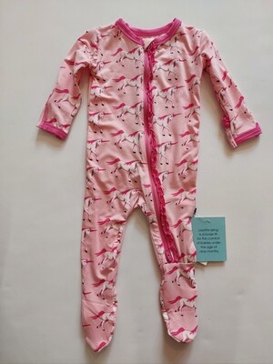 Kickee Bamboo ruffle footie- pink unicorns-2 way zipper