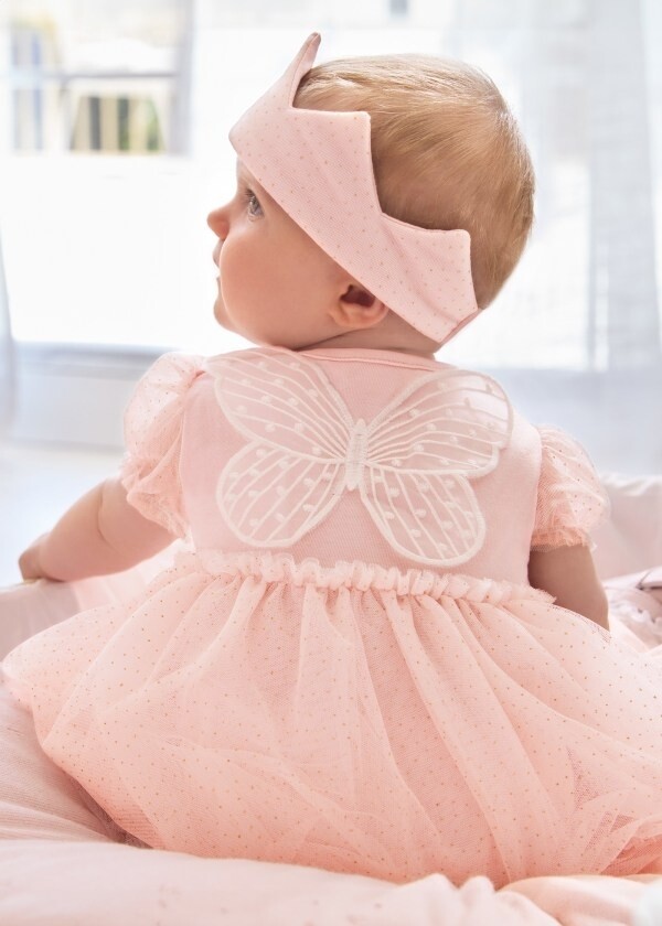 Gorgeous Mayoral pink tulle bodysuit dress with crown and wings