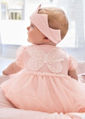 Gorgeous Mayoral pink tulle bodysuit dress with crown and wings