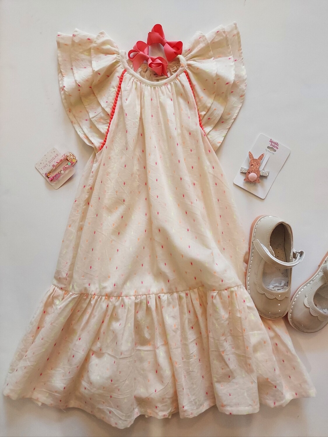 Danish brand Minymo flutter sleeve off white ruffle hem neon embroidered polka dot dress