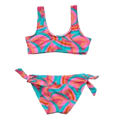 New Zealand brand Snapper Rock sustainable two piece bikini swimsuit spf 50+- Geo Melon sustainable knot front