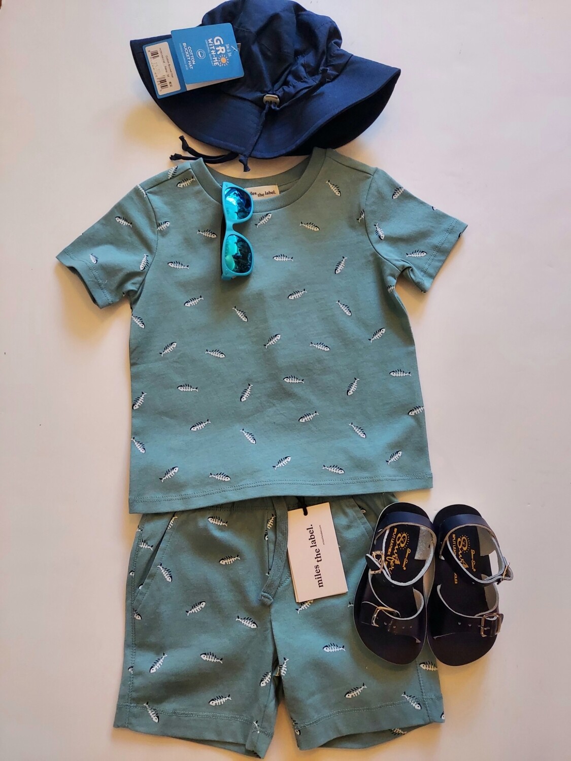 Miles the Label boys fishbone print on navy short sleeve tee/shorts set- organic cotton jersey