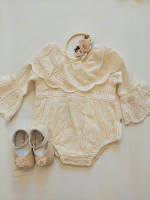 Viverano Organics  Schiffli Lace Clown Collar romper- cream (organic)