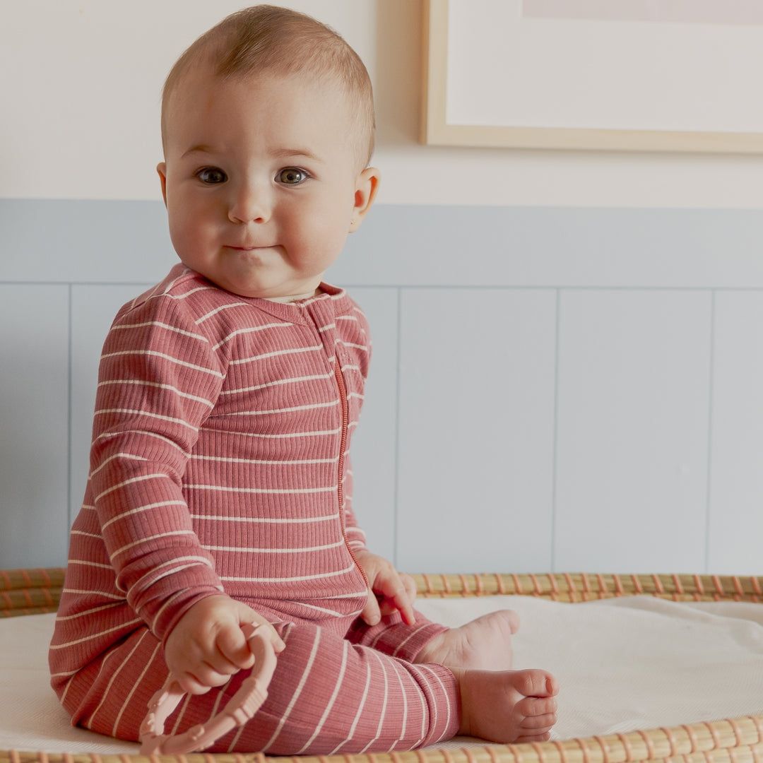 Petit Lem raspberry striped ribbed sleeper- 2 way zipper modal