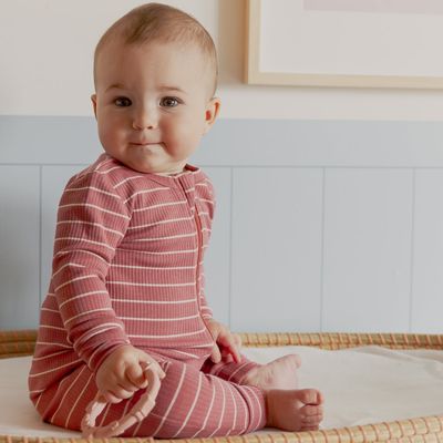 Petit Lem raspberry striped ribbed sleeper- 2 way zipper modal