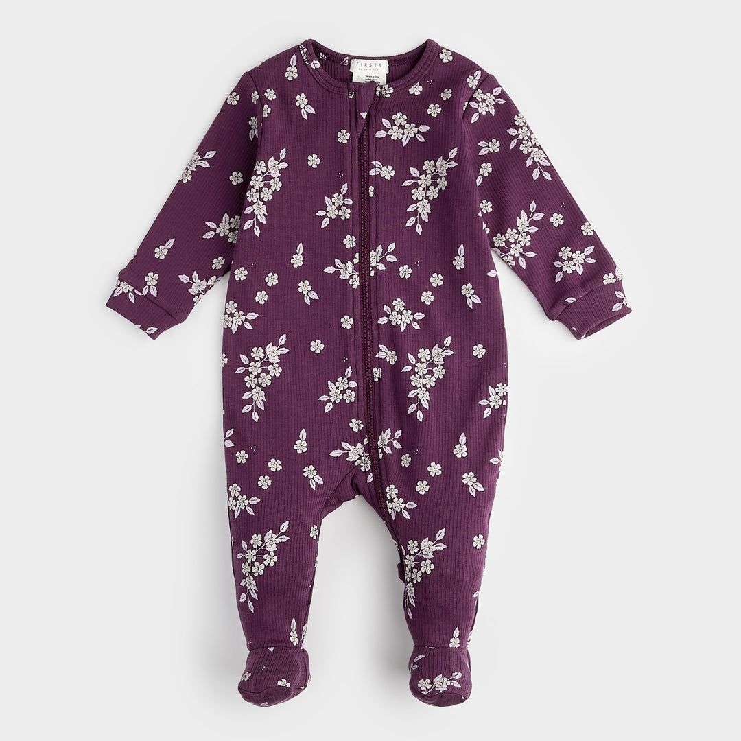 Petit Lem Fall Botanicals on plum ribbed sleeper- 2 way zipper organic cotton