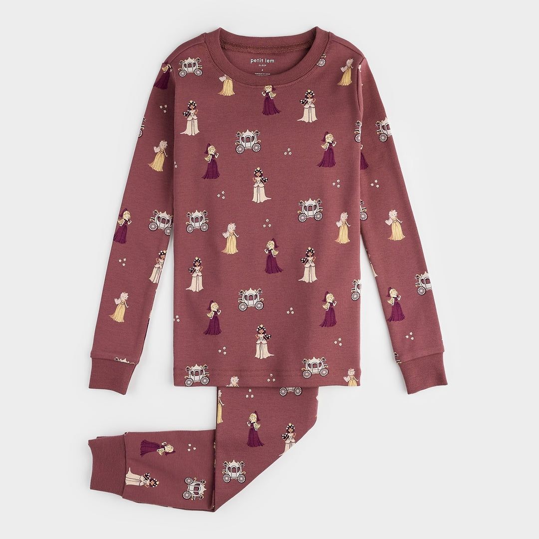 Petit Lem  Princesses print on merlot pj set- organic cotton