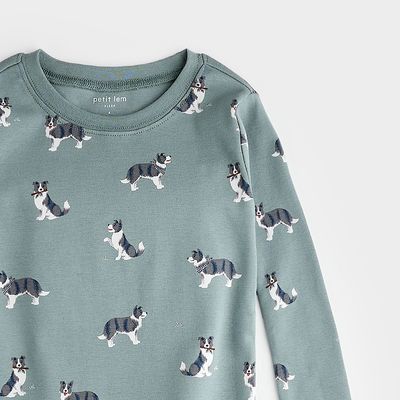 Petit Lem  Australian Shepherd print on dark teal pj set- organic cotton