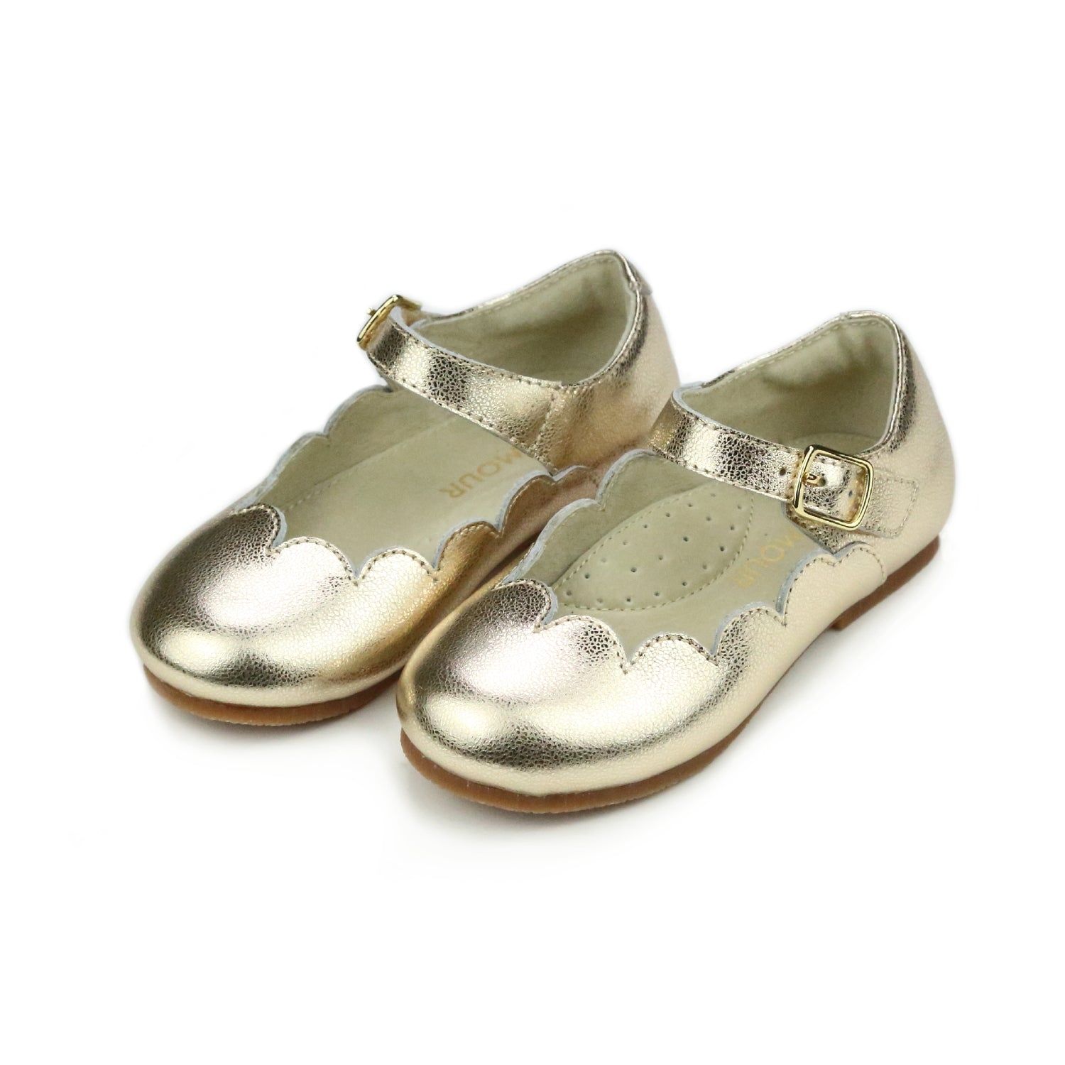 L&#39;Amour leather Sonia Scalloped Flat Gold Mary Janes