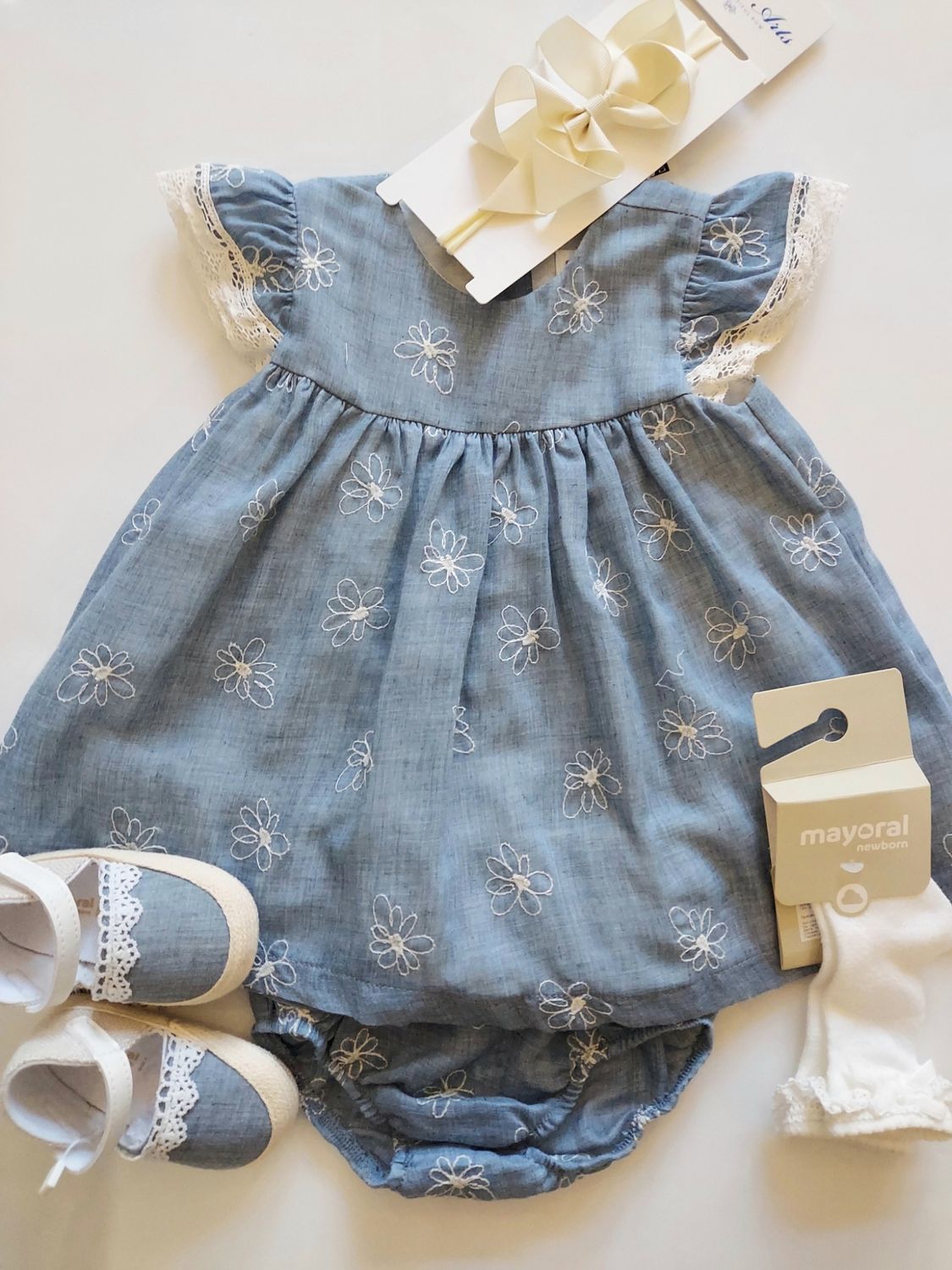Mayoral chambray blue daisy embroidered dress/bloomer