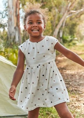 Mayoral cotton off white dress with black/taupe polka dot - open back