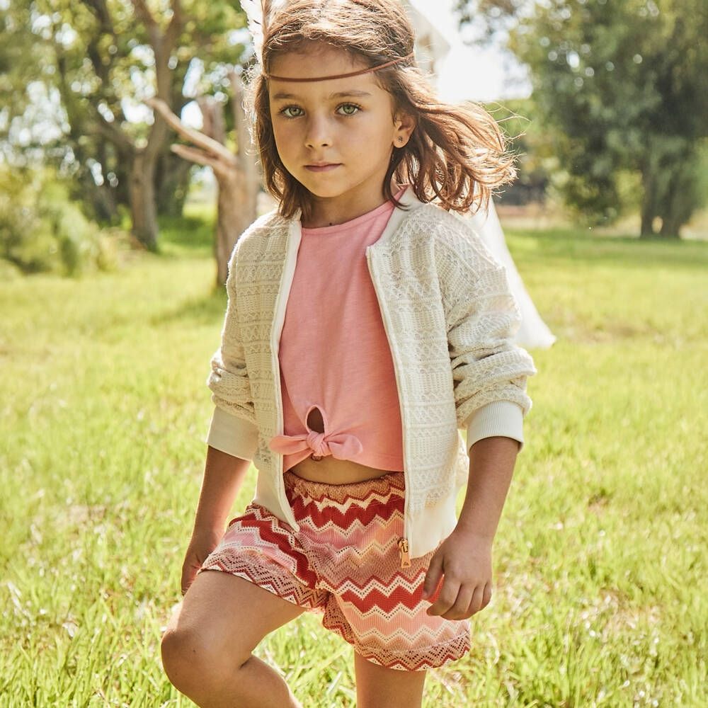 Mayoral 2 pc. short set- peach top with zig zag print knit shorts-lined