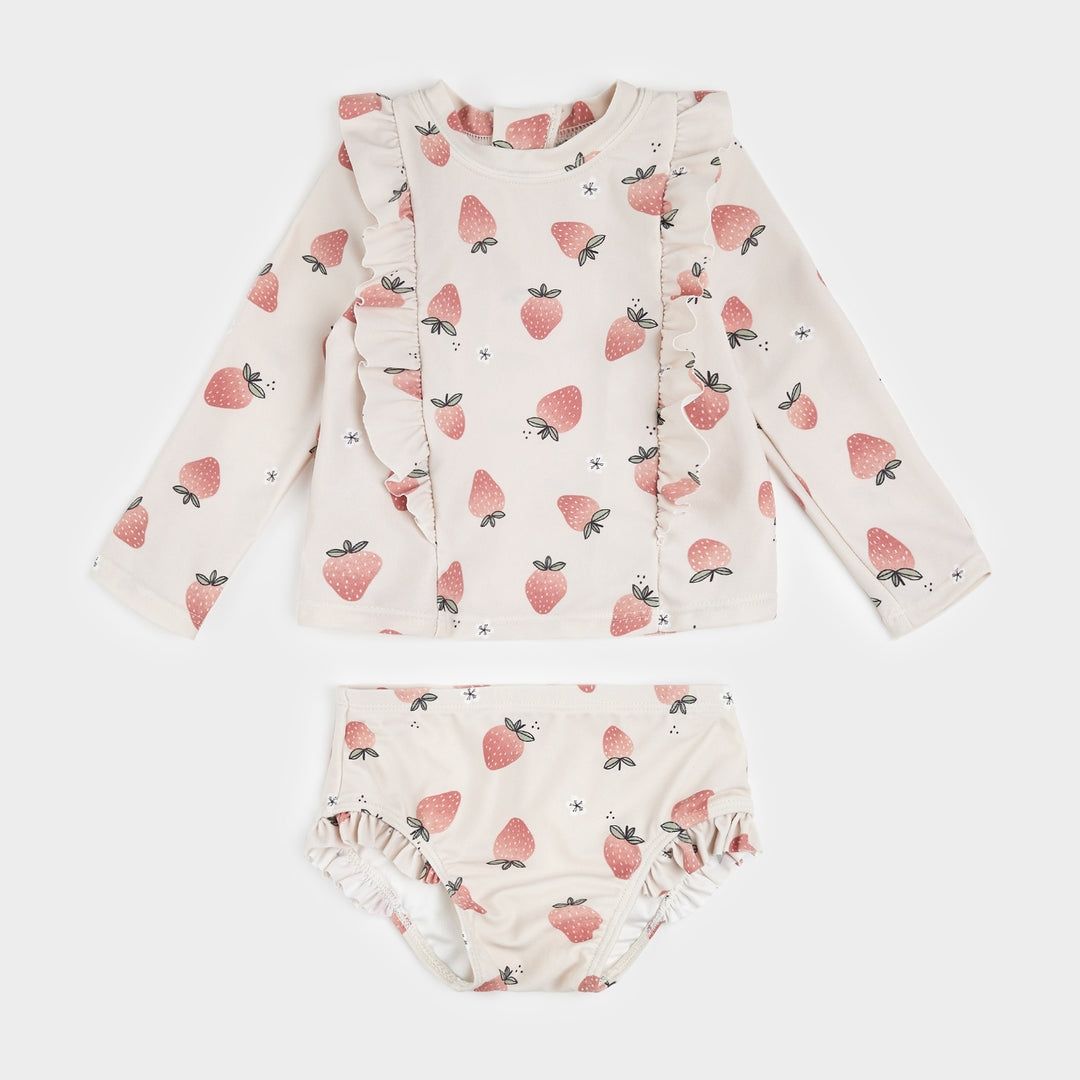 Petit Lem strawberry ruffle rashguard+bottom swimsuit UPF 50+