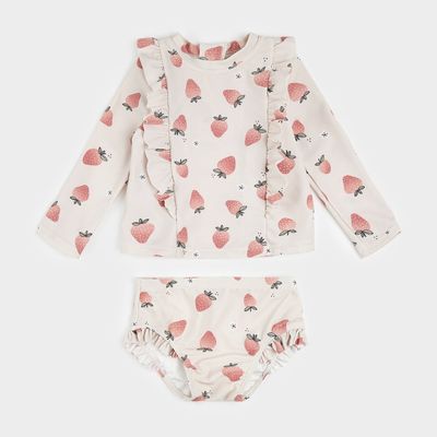 Petit Lem strawberry ruffle rashguard+bottom swimsuit UPF 50+