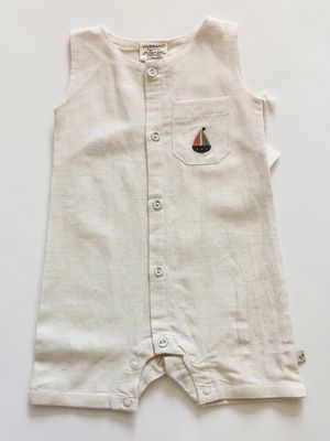 Viverano Organics  Parker Embroidered Sailboat Pocket baby romper( Linen Blend)