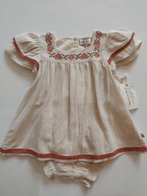 Viverano Organics Avalyn Embroidered baby dress  baby Flare dress/bloomers- blue floral/natural organic linen blend