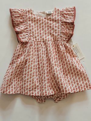 Viverano Organics Heather Dobby Cotton Floral  baby dress/bloomers- terracotta organic cotton