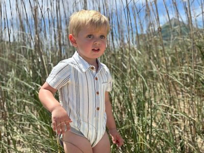 Me &amp; Henry 100% cotton Helford woven onesie- navy/blue/white wide strip