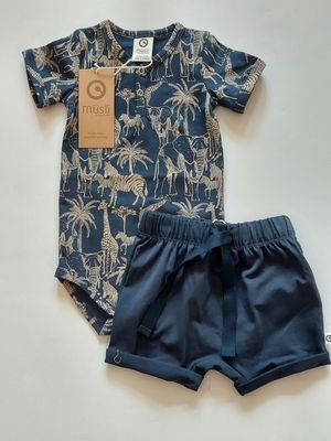 Danish Musli organic cotton safari bodysuit and navy knit shorts set