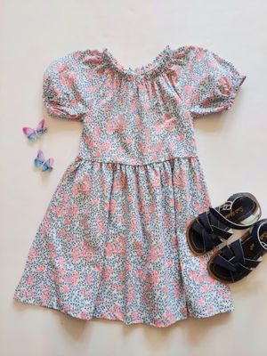 Danish Musli organic cotton petit floral puff sleeve swing dress with pink/blue/cream floral print