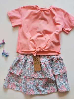 Danish Musli organic cotton petit floral tiered skirt set- bubblegum pink tie hem top  pink/blue/cream floral