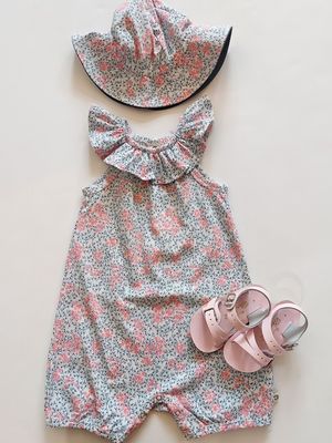 Danish Musli organic cotton knit floral beach  bodysuit/romper- cream/bubblegum/night blue