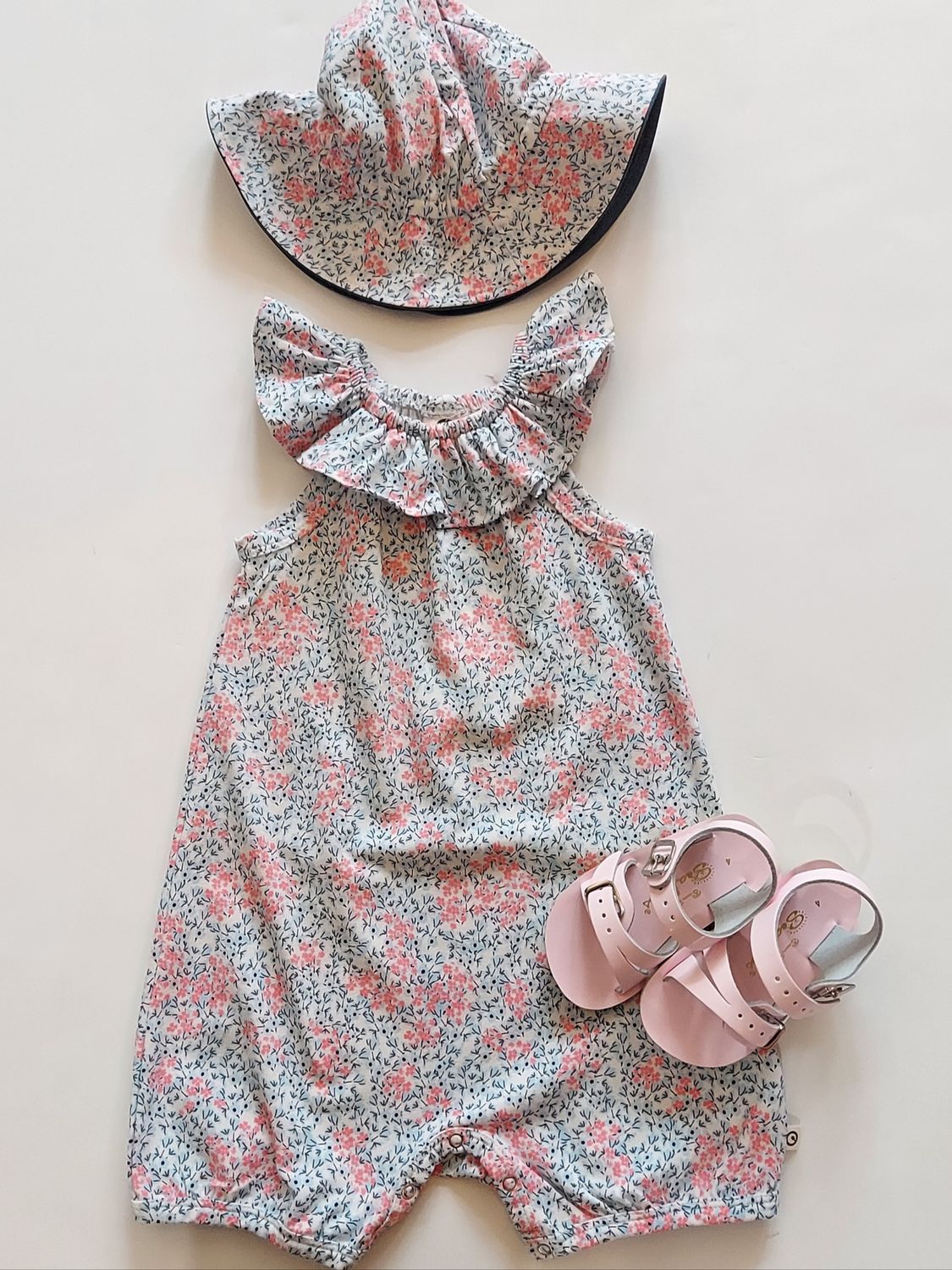 Danish Musli organic cotton knit floral beach  bodysuit/romper- cream/bubblegum/night blue