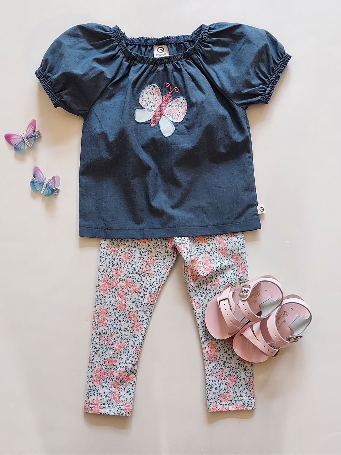 Danish Musli organic cotton chambray puff sleeve top/ petit floral leggings- cream/bubblegum/night blue