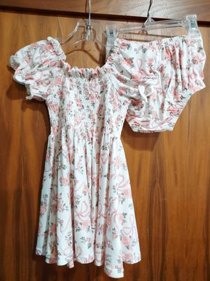 Angel Dear ribbon and flowers smocked puff sleeve dress and diaper cover up to size 18/24