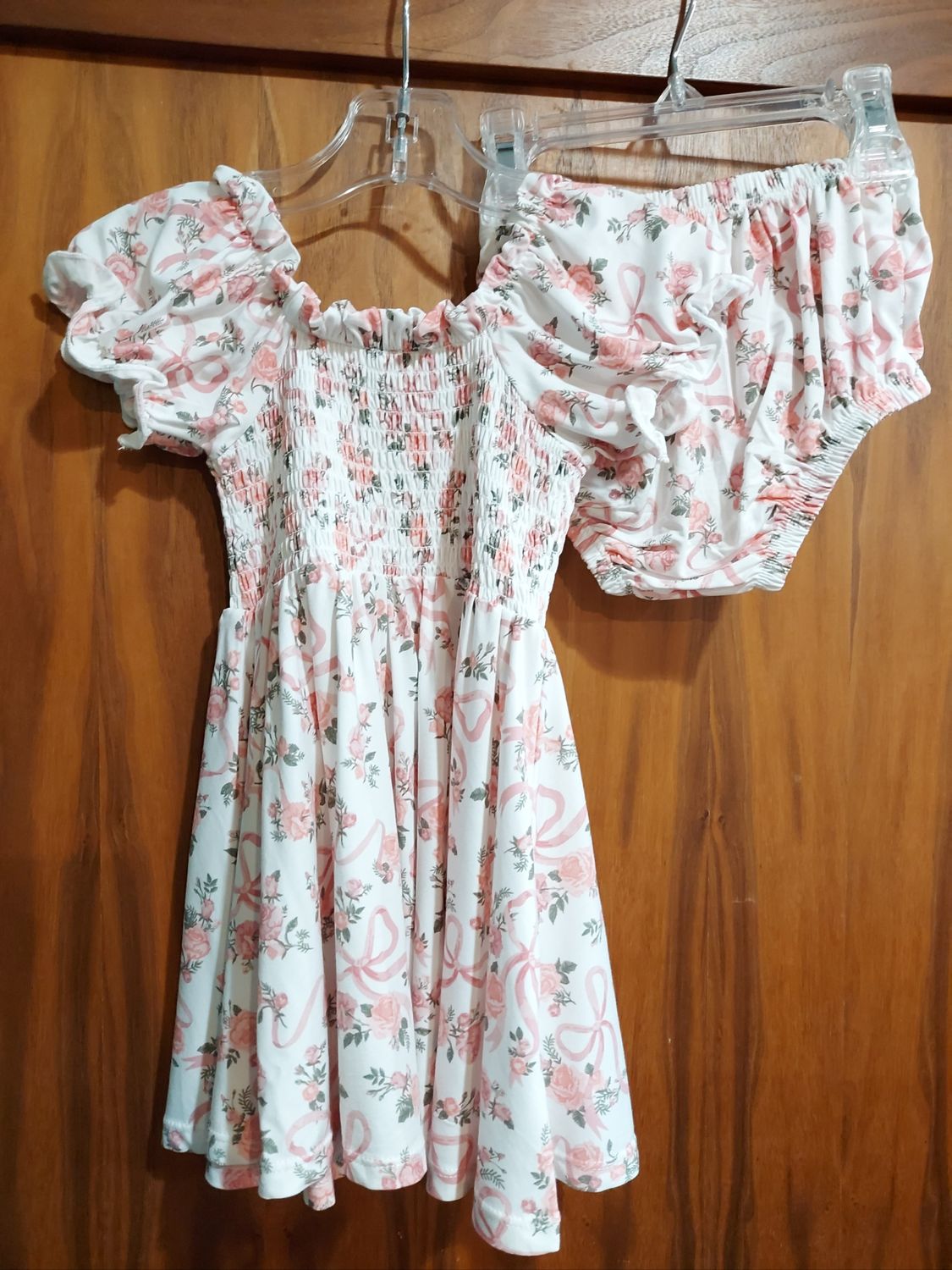 Angel Dear ribbon and flowers smocked puff sleeve dress and diaper cover up to size 18/24