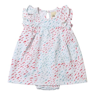 Vignette cotton knit coral/aqua fish onesie dress.