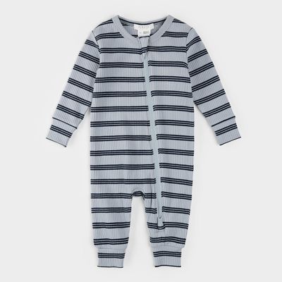 Petit Lem light blue striped ribbed sleeper- 2 way zipper modal