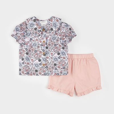 Petit Lem organic cotton floral woven Peter Pan collar top/ruffle shorts set