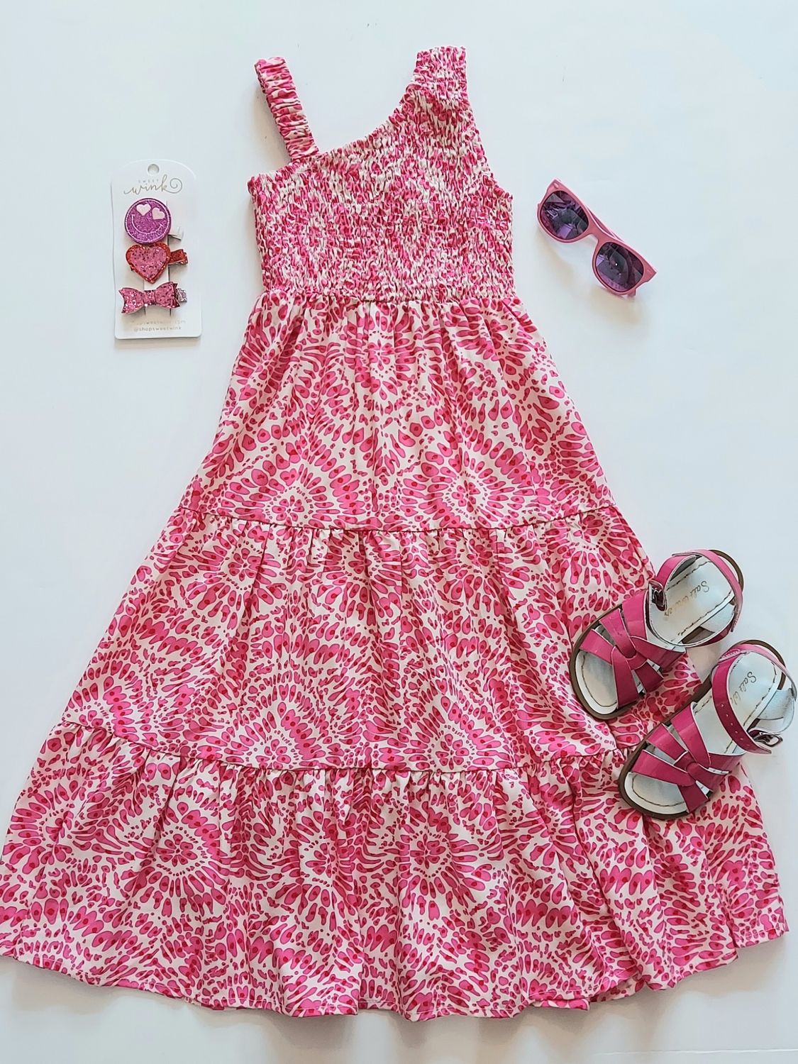 Tween brand Joyous &amp; Free Delaney dress- smocked bodice- pink ethnic