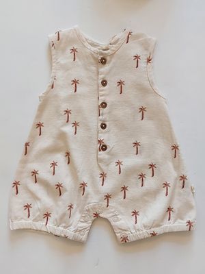 Makemake Organics woven organic cotton/linen sleeveless bubble romper-palm