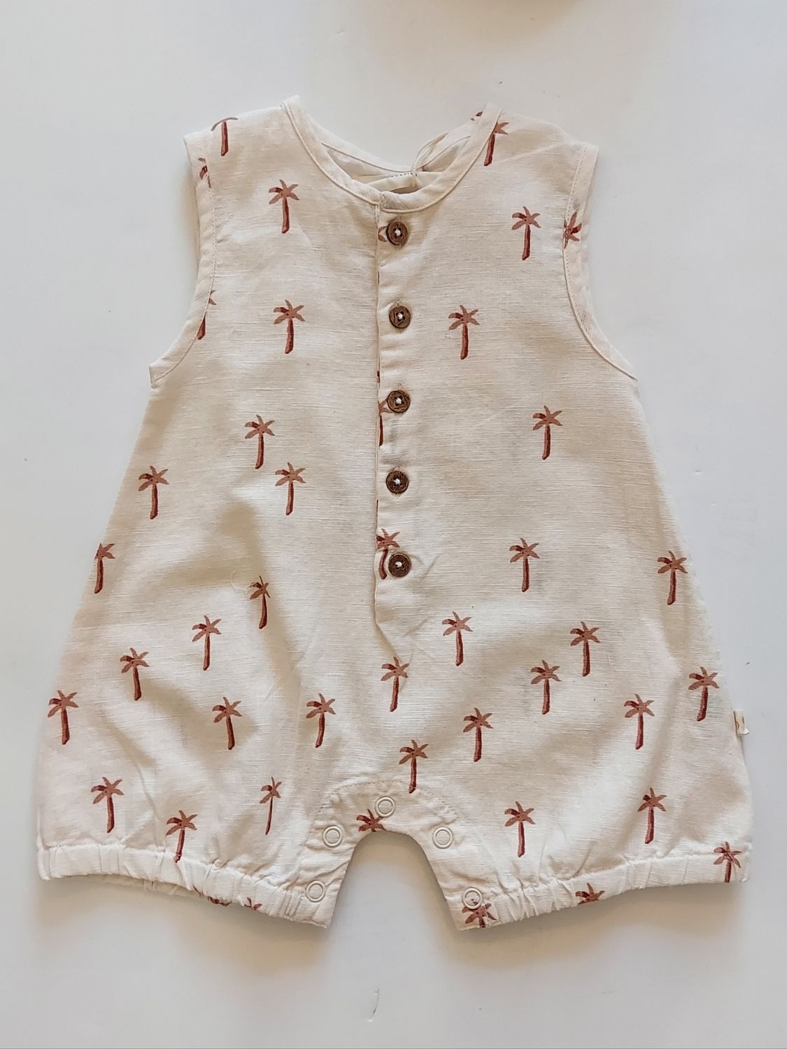 Makemake Organics woven organic cotton/linen sleeveless bubble romper-palm