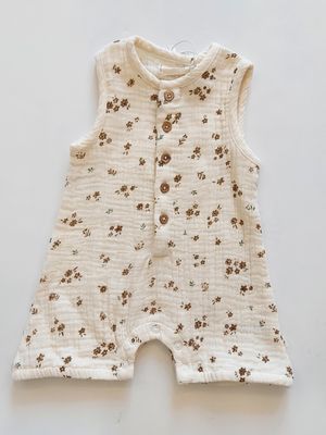 Makemake Organics woven organic muslin cotton sleeveless bubble romper-floral Bohemia