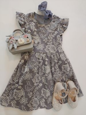 Brazilian Milon cotton embroidered fabric in pewter grey. Open back shoulders