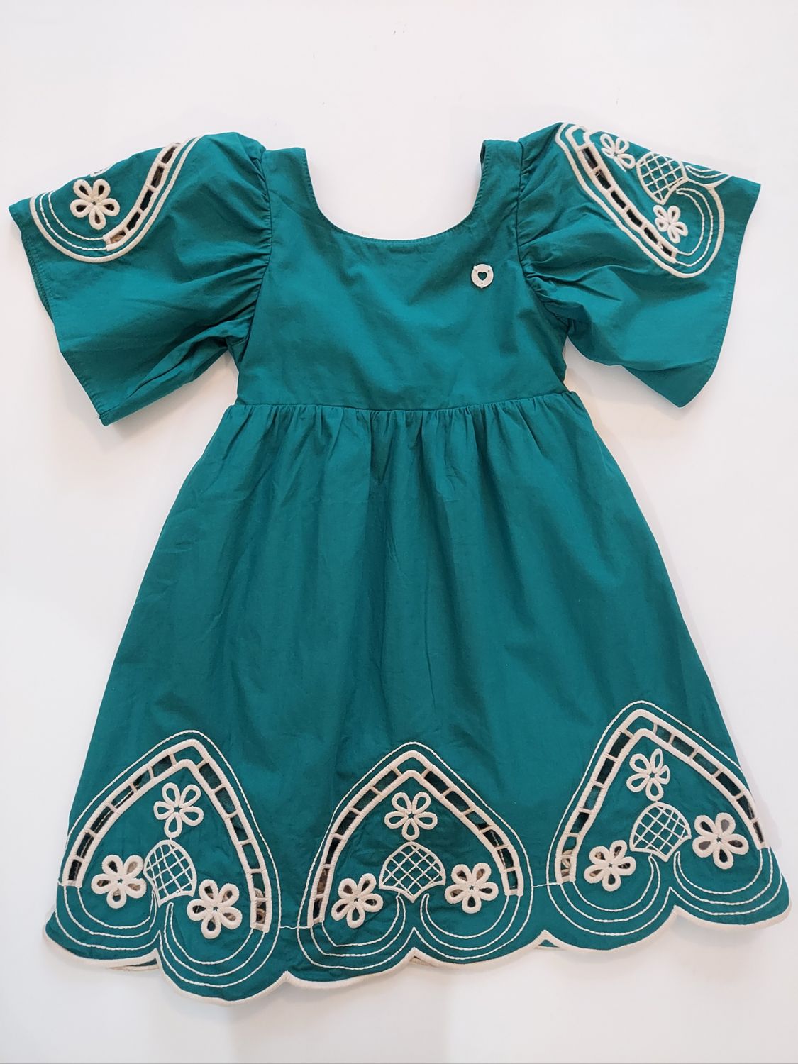 Brazilian Milon cotton embroidered sleeves and hemline in green forest. Open back shoulders