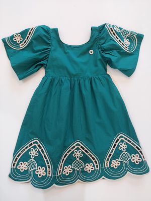 Brazilian Milon cotton embroidered sleeves and hemline in green forest. Open back shoulders