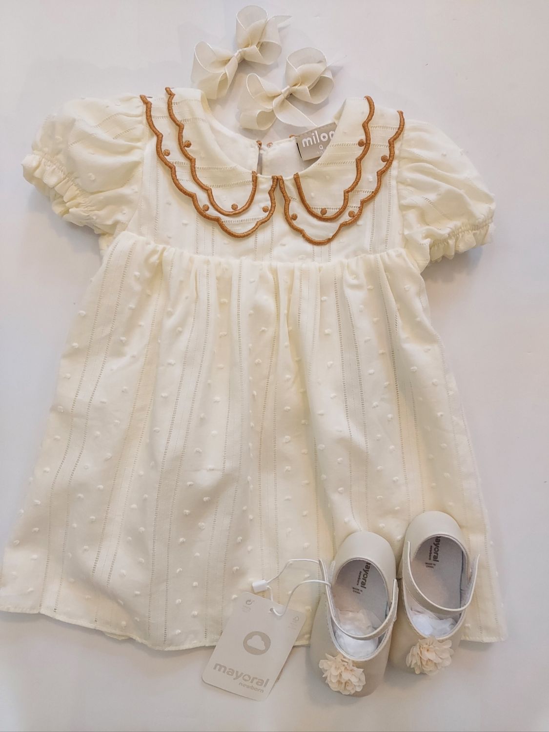 Brazilian Milon cotton cream Swiss dot dress/embroidered collar