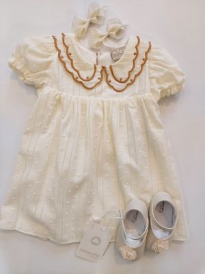Brazilian Milon cotton cream Swiss dot dress/embroidered collar