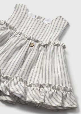 Mayoral  baby dress ruffle /bloomers- blue/cream striped ticking organic linen blend
